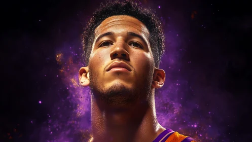 Basketball player portrait set against vivid purple nebula