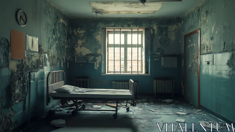 Quiet abandoned hospital room bathed in muted morning light.