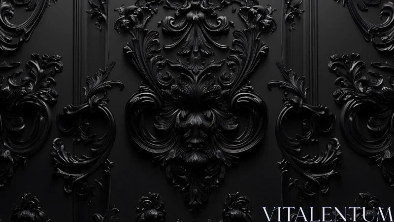 Black baroque relief panel shows ornate symmetrical flourishes