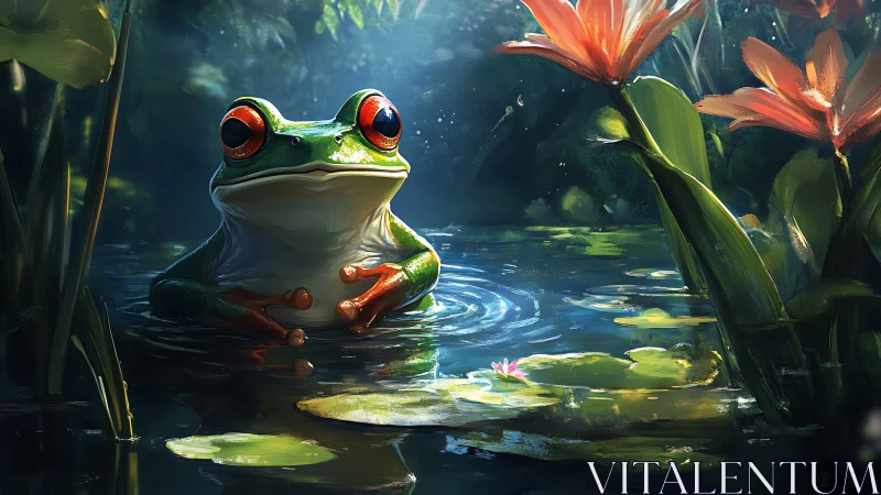 Frog with red eyes sits in reflective pond among lilies