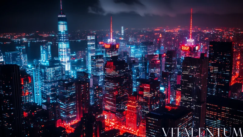 Neon drenched high rise skyline with cyan red bicolor lighting