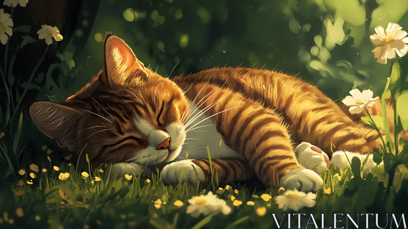 Sweet Orange Tabby Cat Napping in a Sunny Wildflower Meadow