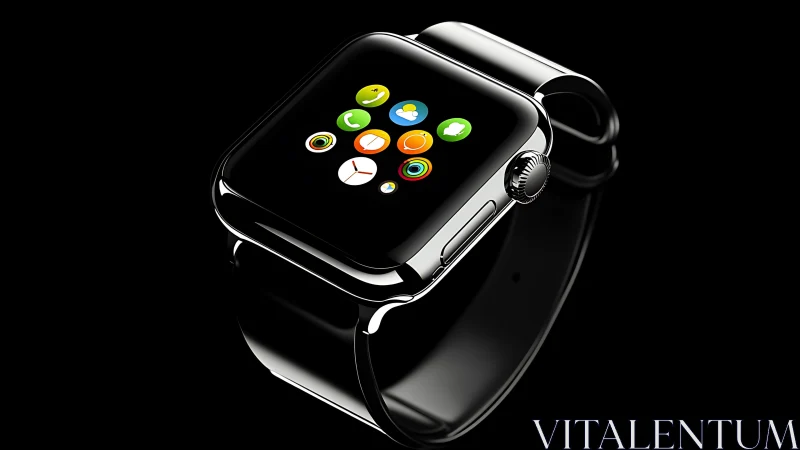 Smartwatch with glossy metal case is rendered on black background