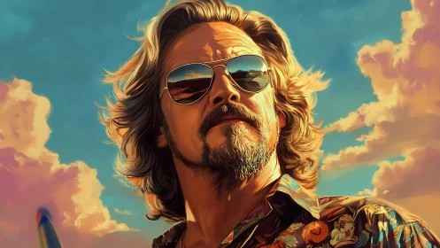 Sunglassed older man gazes upward under vivid sunset clouds