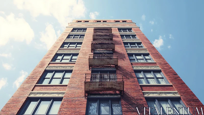Upward view of red brick facade with central fire escape symmetry