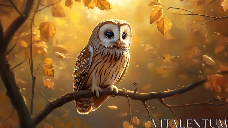 Majestic Owl on Autumn Branch in Warm Digital Painting Style.
