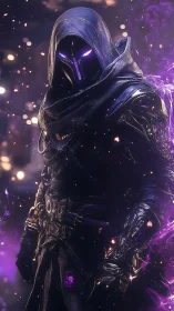 Mystic hooded guardian wrapped in violet cosmic embers.