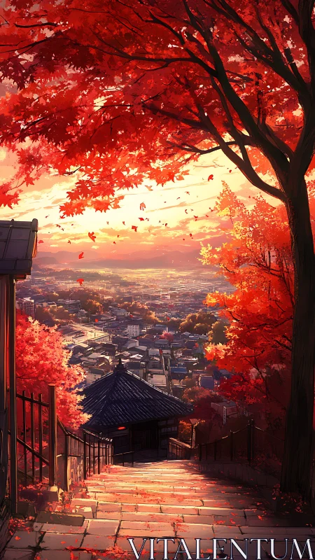 Sunlit autumn shrine steps descend toward a glowing cityscape