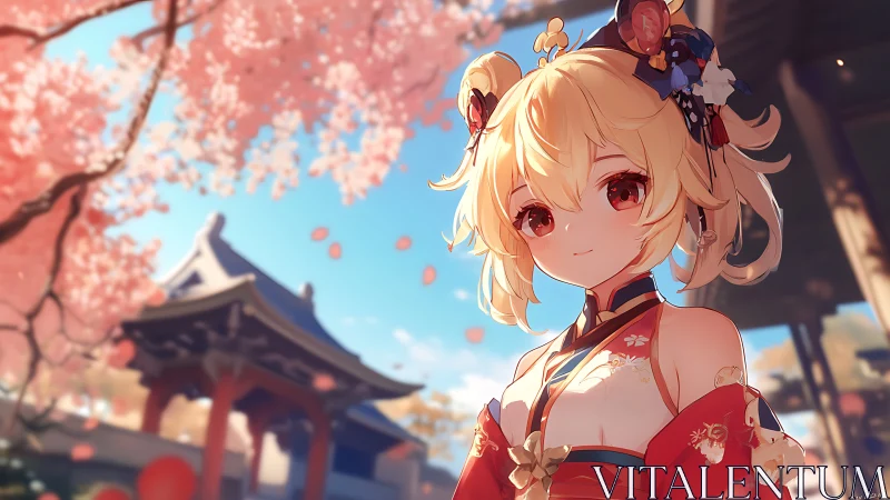 Smiling kimono girl under soft spring cherry blossoms.