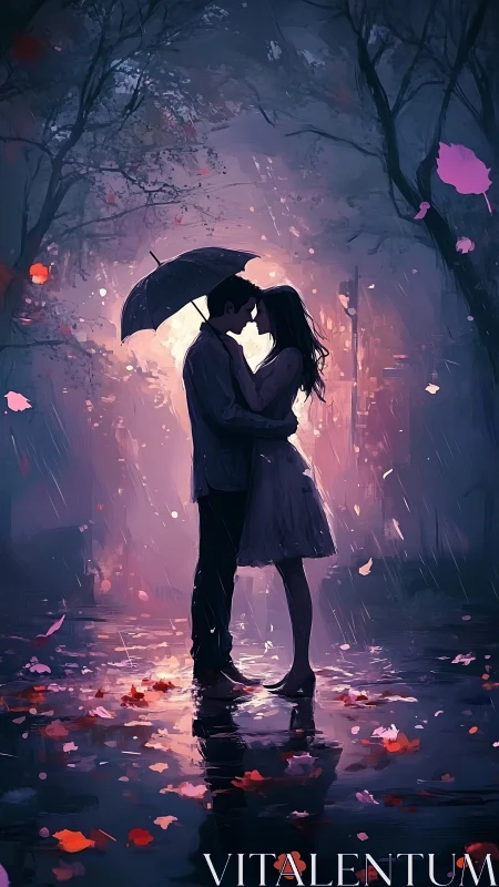 Silhouetted Couple Embracing Under Umbrella in Rain.