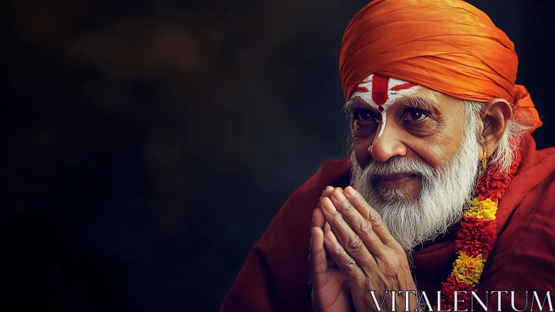 Elderly Hindu holy man prays in warm directional light