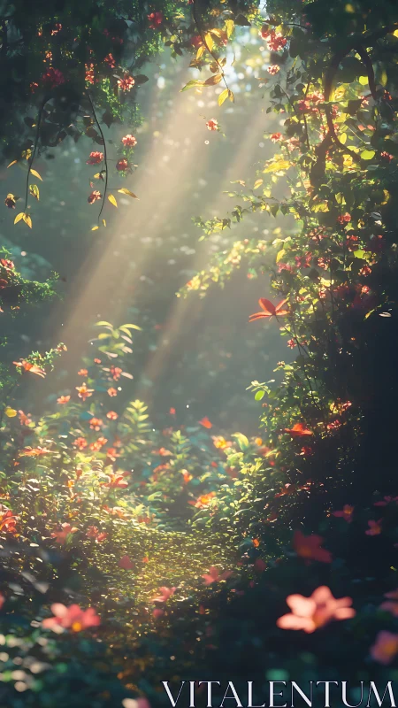 Sunlit forest path with dense foliage and scattered flowers.