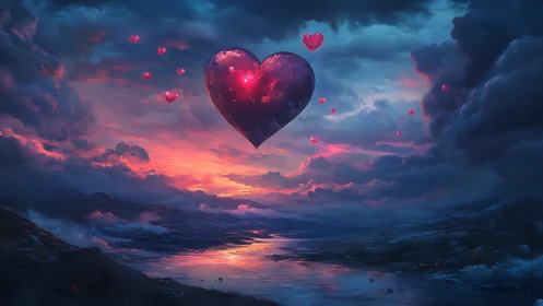 Celestial Hearts Float Through Twilight Dreamscape.