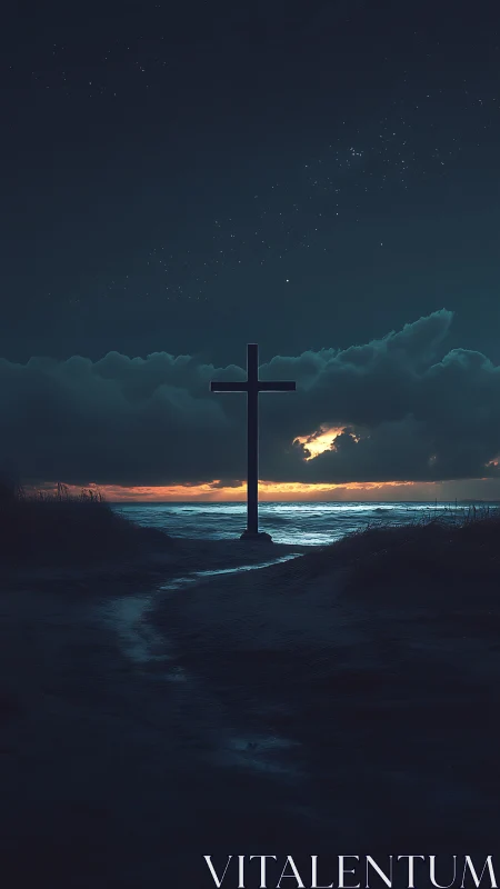 Lonely seaside cross stands beneath a star drenched twilight sky