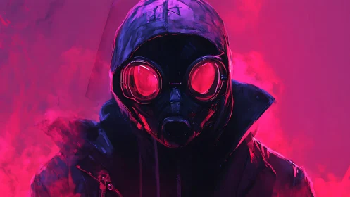 Gas mask figure in neon magenta toxic vapor field.