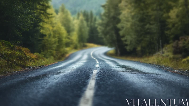 Wet Mountain Road Curves Through Dense Forest.