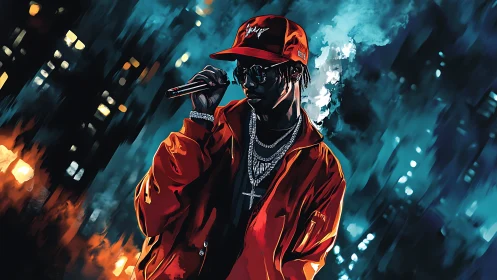 Digital illustration depicts a rapper performing onstage