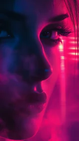 Side-lit female face in neon magenta and blue light.