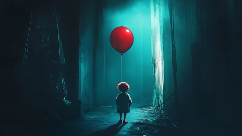 Child with red balloon in dark eerie corridor scene.