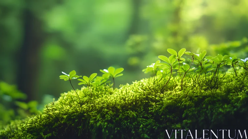 Tiny New Growth Emerges Through Soft Green Moss