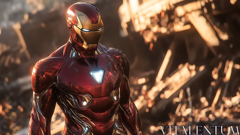 Red and gold armored humanoid figure in ruined environment.