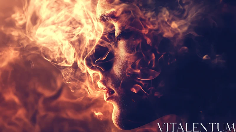 Human profile dissolves into swirling firelit smoke.