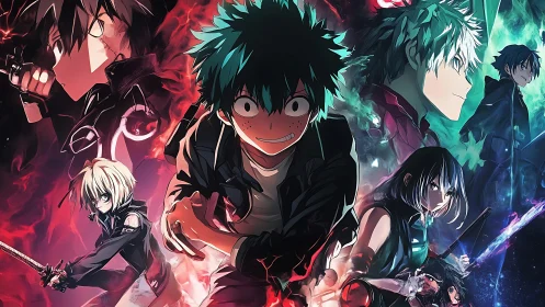 Intense anime heroes converge amid swirling red and blue energy