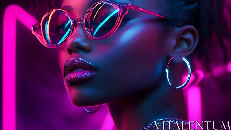 Neon-drenched gaze carves a cool horizon through pink chrome