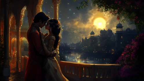 Moonlit Palace Romance Over River at Night.