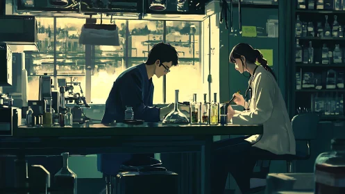 Researchers working in sunlit laboratory with glassware.