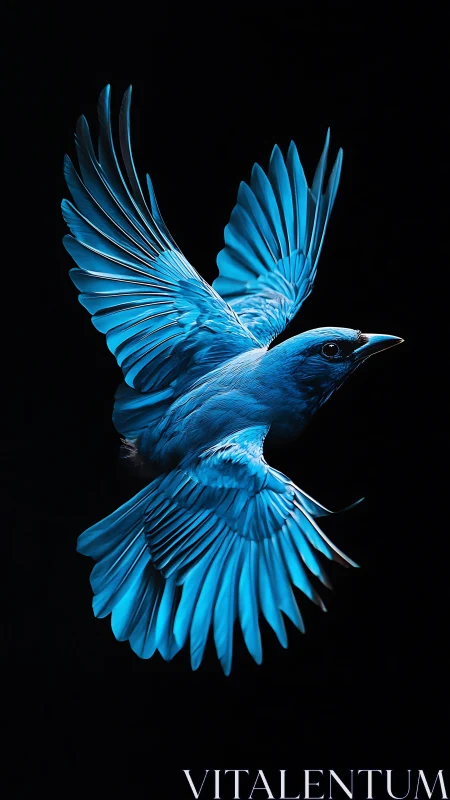 Electric blue songbird in mid-flight against deep black field.