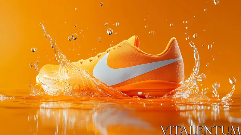 Dynamic orange running shoe in high-speed water splash studio.
