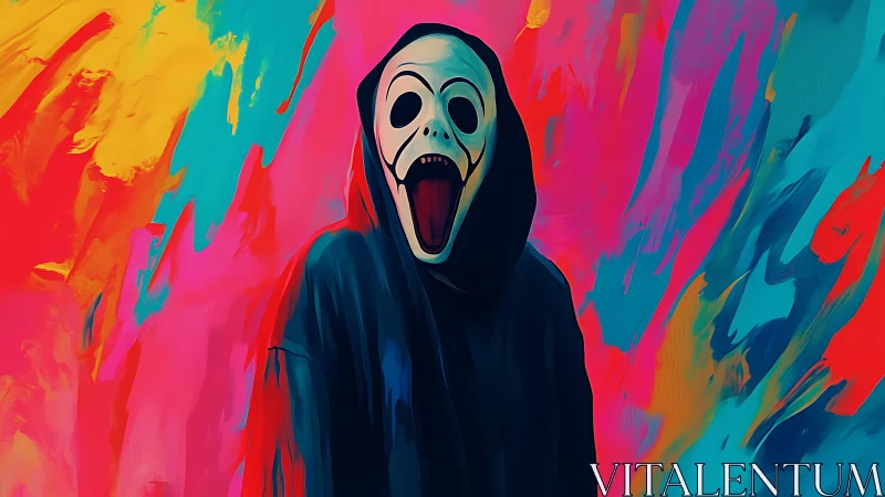 Neon-shrouded screaming mask amid abstract color storm.