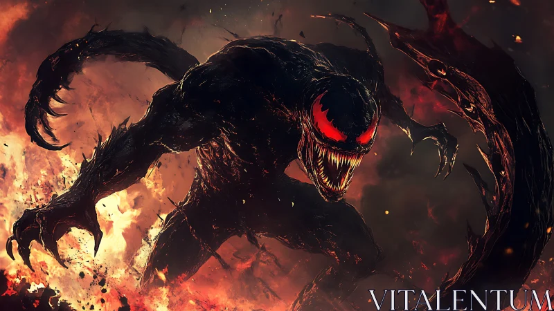Ferocious black monster with red eyes amid raging fire.