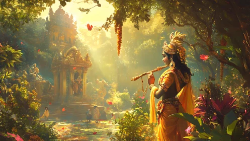 Divine musician in golden attire illuminates lush forest shrine