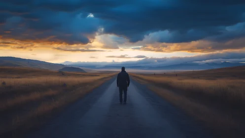 Solitary figure on rural road beneath storm-lit twilight sky.
