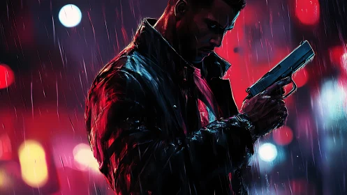 Figure holding handgun in rain against neon urban lighting