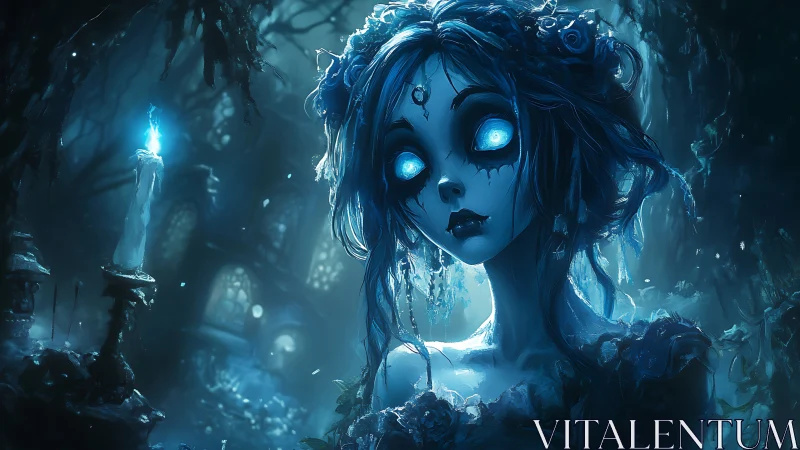 Ghost bride with glowing eyes haunts moonlit gothic ruins