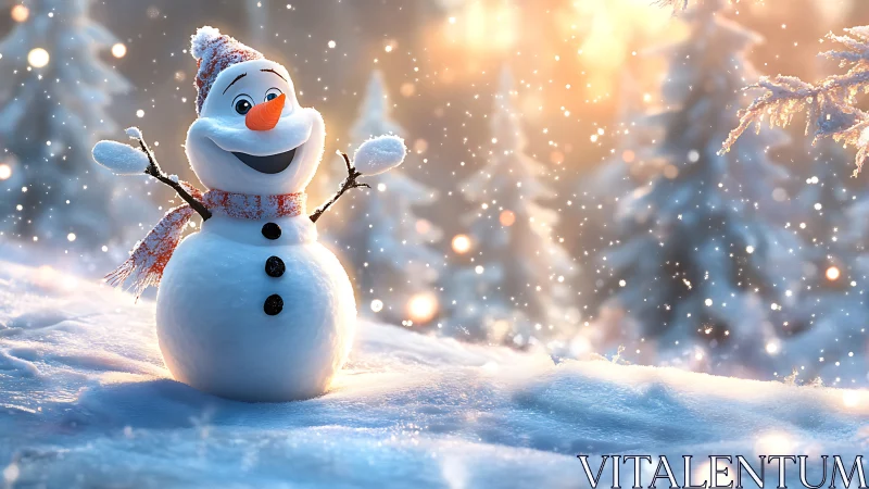Cartoon snowman in snowy forest under soft winter light.