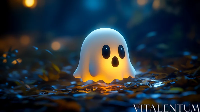 Glowing cartoon ghost lamp illuminates a nocturnal forest floor
