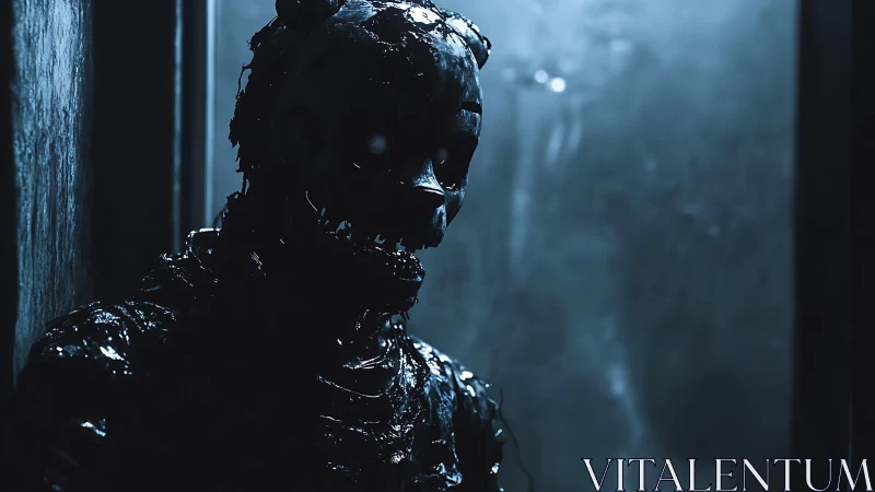 Humanoid animatronic figure sits in dark blue corridor