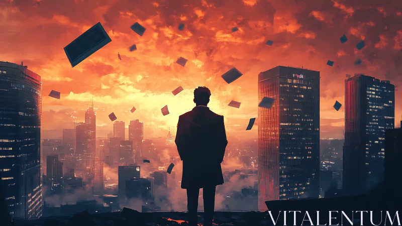 Skyscrapers smolder while a lone thinker edits the horizon