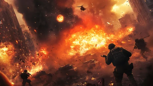Urban battlefield erupts as soldiers advance through firestorm.