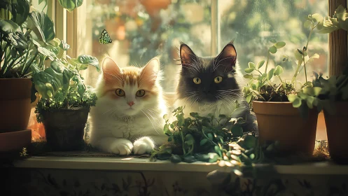 Two Cats Among Potted Plants in Sunlit Window Scene.