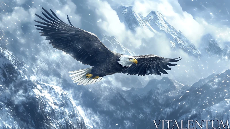 Majestic Bald Eagle Soaring Over Snowy Mountain Peaks, Digital Art.