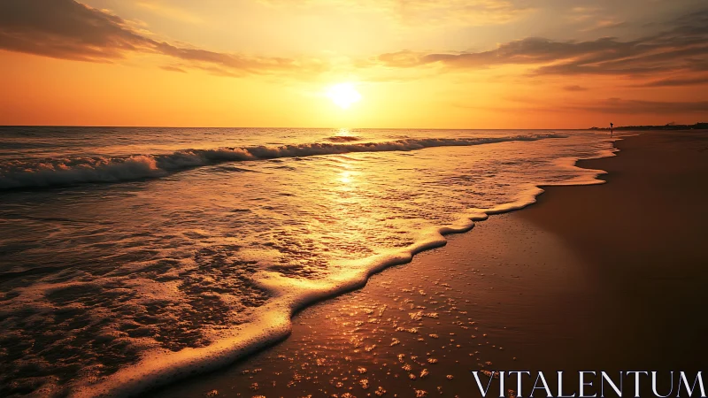 Low-angle coastal sunset with reflective golden wavefronts.