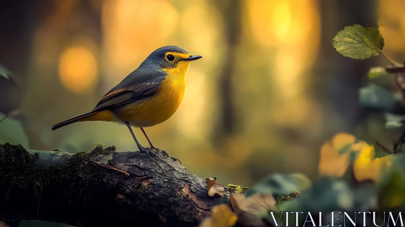 Yellow-breasted Songbird on Mossy Branch in Soft Autumn Forest Light.