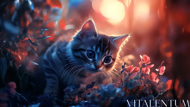 Curious Kitten Discovers Magic in a Garden at Sunset