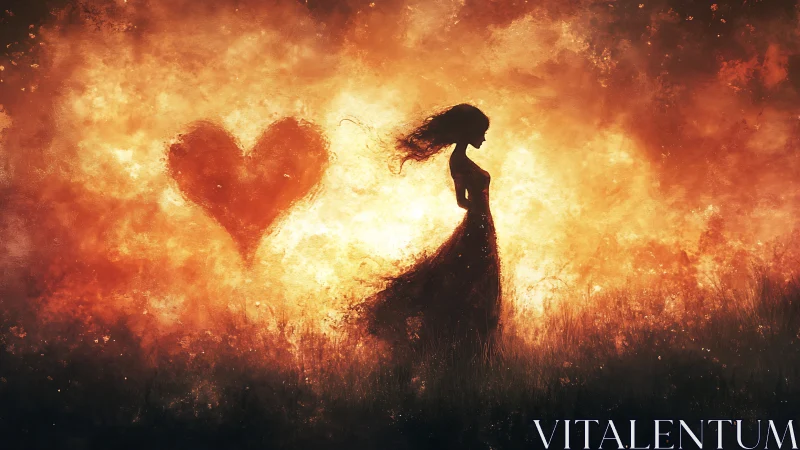 Silhouetted Figure Against Fiery Heart Shape in Dramatic Luminous Landscape