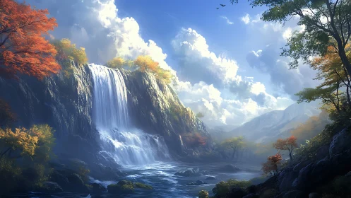 Sunlit mountain waterfall descends into misty autumn valley